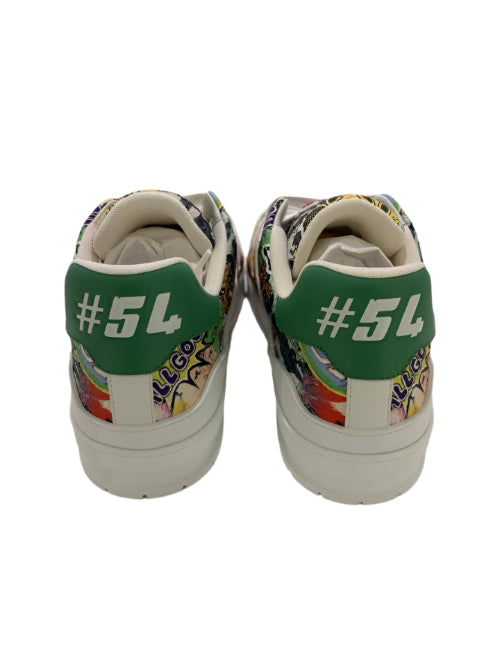 Pair of sneakers with colorful patterns and green accents on a white background
