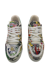 Pair of sneakers with colorful pattern on a white background