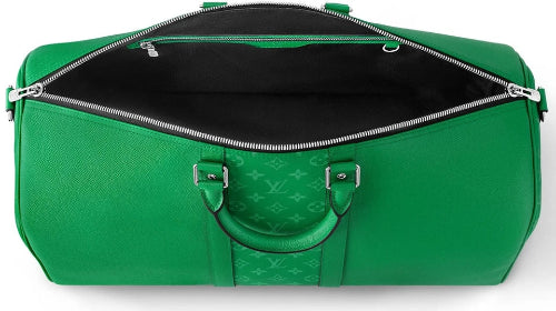 Green duffel bag with a brand logo on a white background