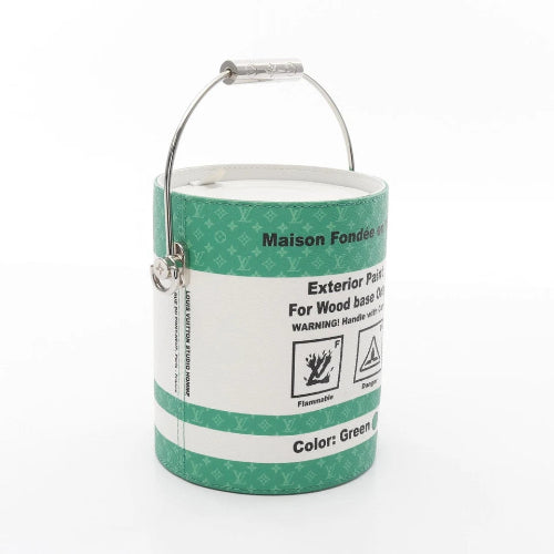 Green and white paint bucket with label on a white background