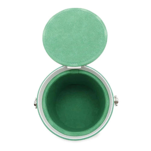Green jewelry box with a lid on a white background