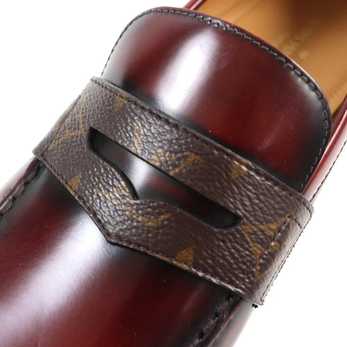 Close-up of a brown leather shoe with a patterned strap on a white background