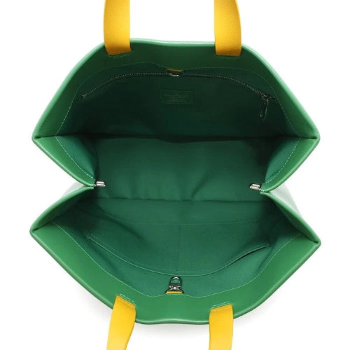 Green bag with yellow handles on a white background