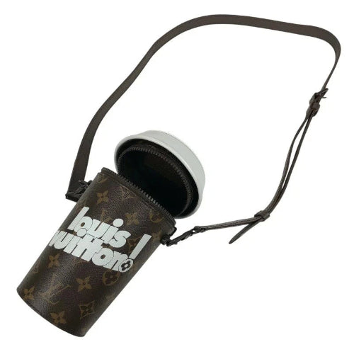 Louis Vuitton camera lens case with strap on a white background