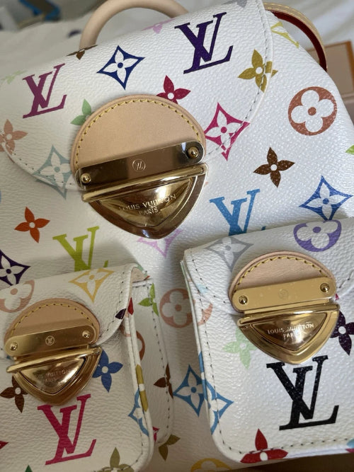 Louis Vuitton handbags with multicolor monogram pattern and gold hardware.