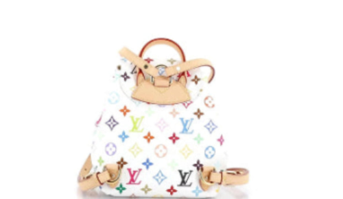 Designer handbag with multicolor monogram pattern on a white background