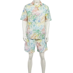 Mannequin wearing a colorful patterned shirt and shorts set on a white background