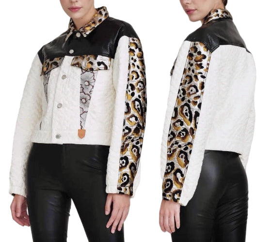 Two views of a jacket with leopard print sleeves on a plain background