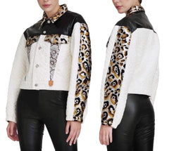 Two views of a jacket with leopard print sleeves on a plain background