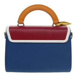 Multicolored handbag with blue, red, and orange sections on a white background