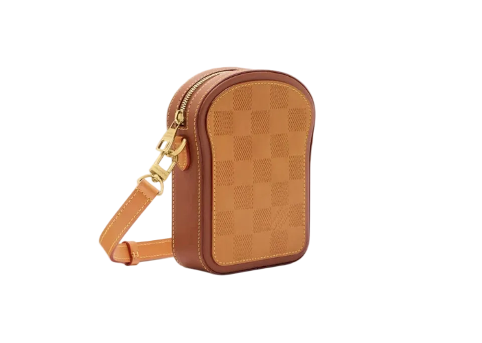 Brown checkered crossbody bag on a light gray background