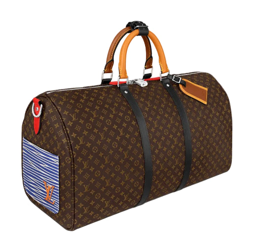 A brown monogram duffle bag with tan leather handles and trim, featuring a blue and white patch on the side, set against a plain white background.