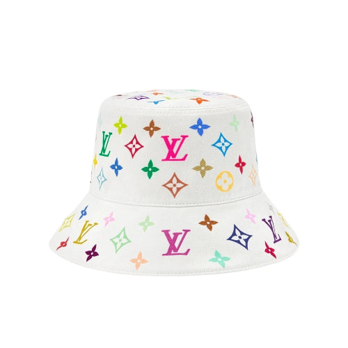 White bucket hat with colorful logos on a white background