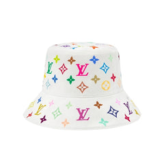 White bucket hat with colorful logos on a white background