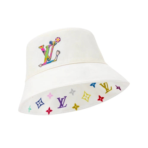 White bucket hat with colorful embroidered designs on a white background