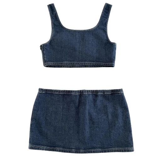 Denim crop top and skirt set on a white background