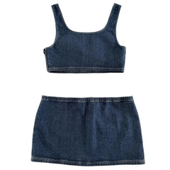 Denim crop top and skirt set on a white background