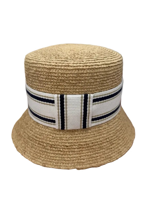 Beige straw hat with a striped band on a brown surface
