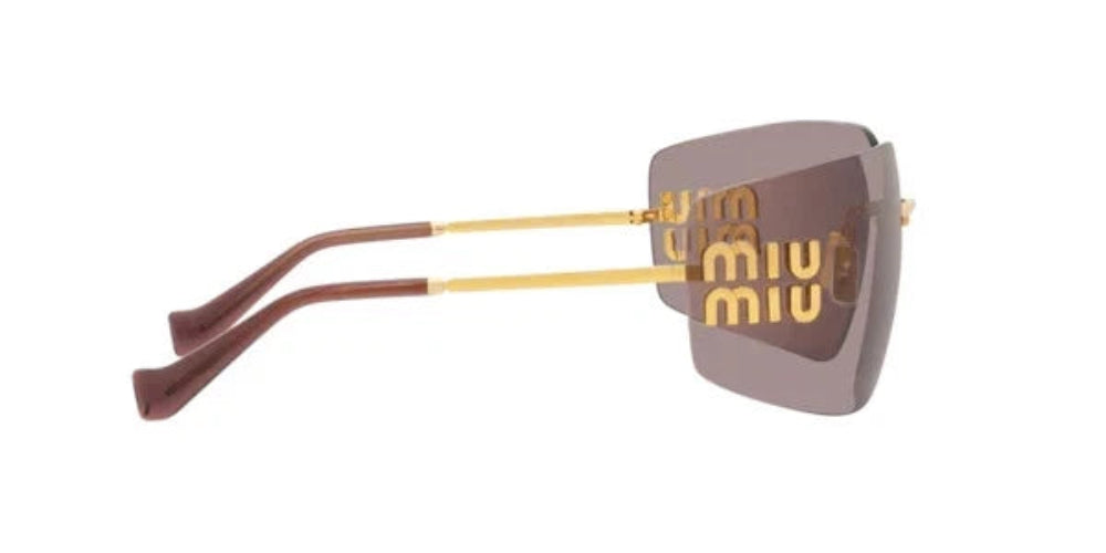 Sunglasses with gold accents and 'Miu Miu' branding on a white background
