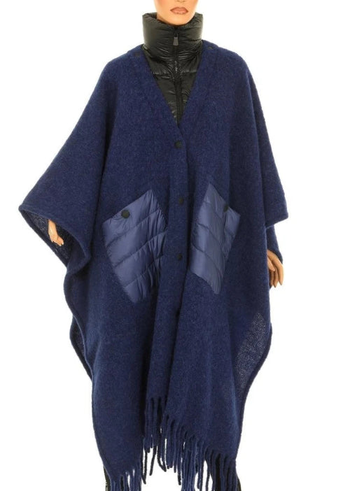 Navy blue poncho with fringe on a white background