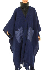 Navy blue poncho with fringe on a white background