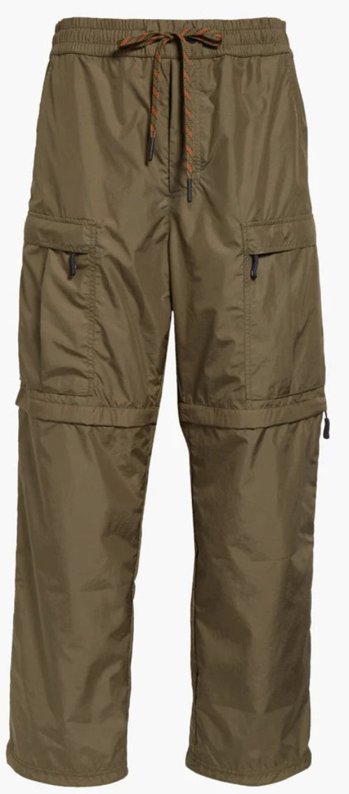 Olive green cargo pants with a drawstring waist and multiple utility pockets, shown against a plain white background.