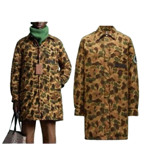 Two camouflage-patterned coats displayed with a person against a light green background, featuring the Moncler brand.
