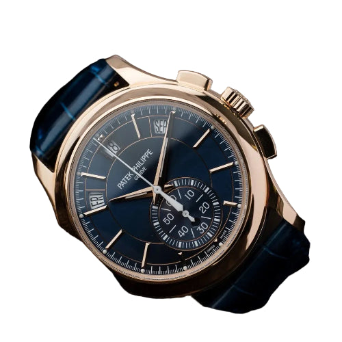 Luxury watch with detailed face and leather strap on a dark background