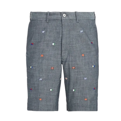 Gray shorts with colorful embroidery on a light gray background, featuring Ralph Lauren branding.