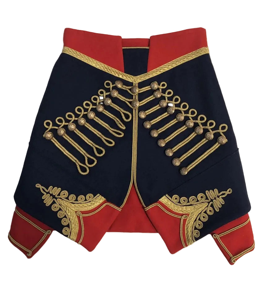 A pair of vintage military-style shorts featuring a navy blue base with red trim and extensive gold embroidered details, laid flat on a white background.