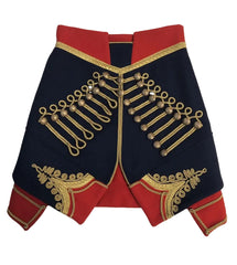 A pair of vintage military-style shorts featuring a navy blue base with red trim and extensive gold embroidered details, laid flat on a white background.