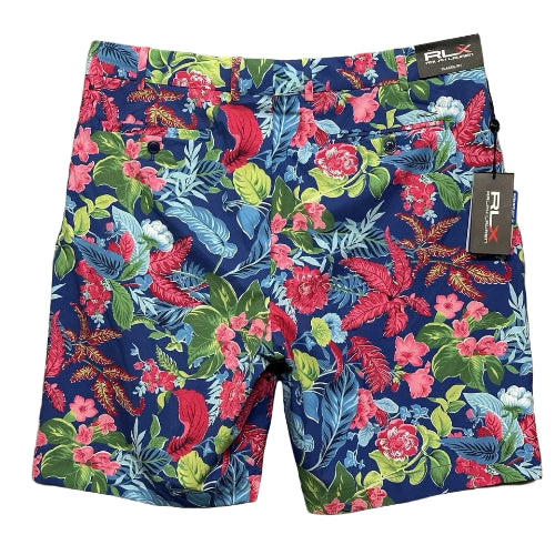 Colorful floral-patterned shorts on a white background