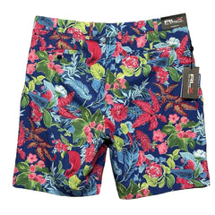Colorful floral-patterned shorts on a white background