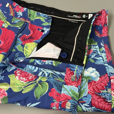 Floral-patterned jacket with a brand label on a neutral background
