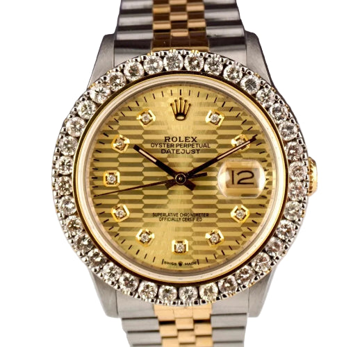 Luxury watch with diamond-studded bezel on a clear stand