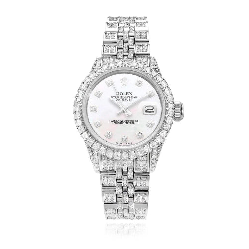 Rolex Datejust 26mm Diamond Pave Jubilee Band Diamond Bezel Pearl Dial Watch