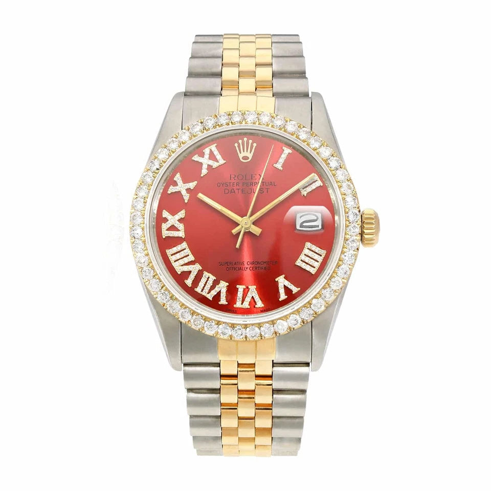 Luxury watch with red face, gold and silver band on white background