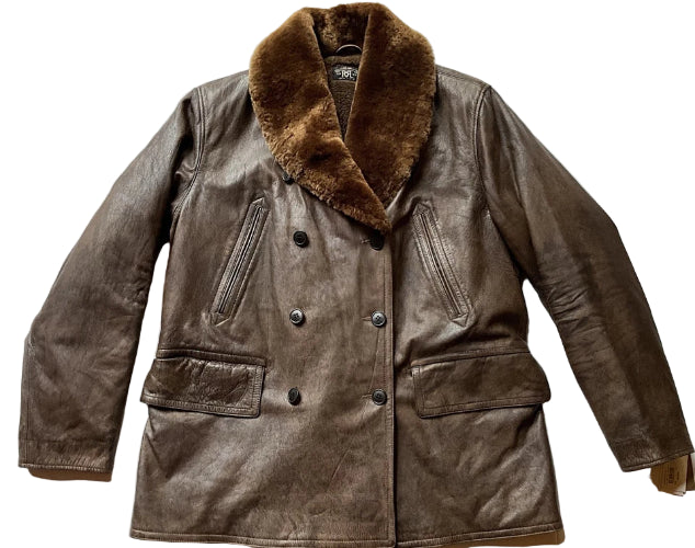 Brown leather jacket with fur collar on a white background