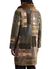 Patchwork coat with a patterned design on a white background