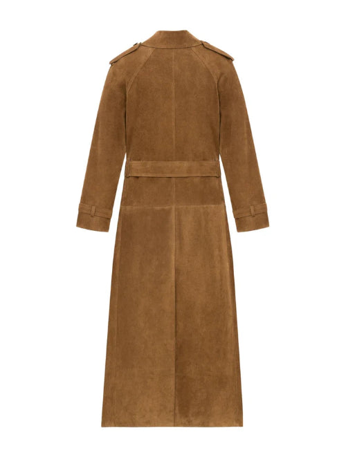 Brown suede trench coat on a white background