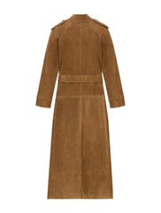 Brown suede trench coat on a white background