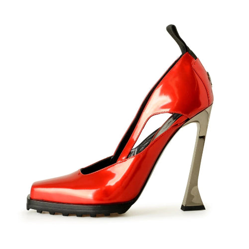 A single high-heeled pump in glossy bright red patent leather with a metallic silver high heel and black sole, shown from a side profile on a white background.