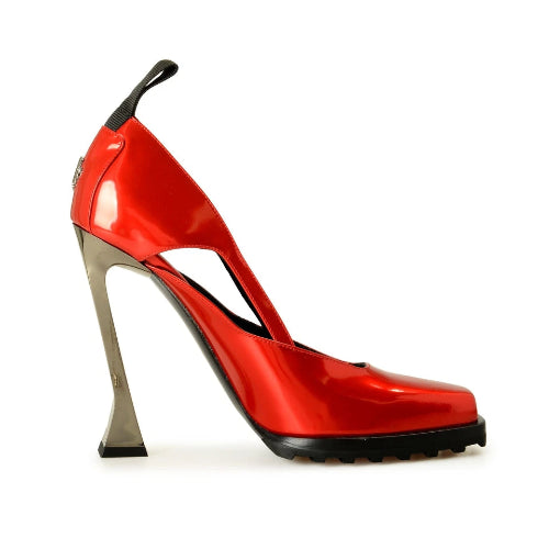 Red high-heeled shoe on a white background