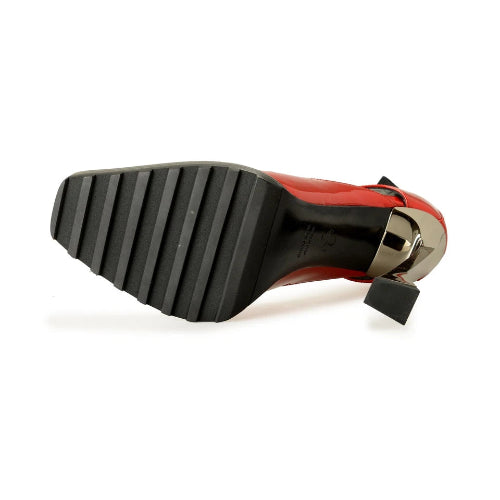 Red high-heeled shoe with a black sole on a white background