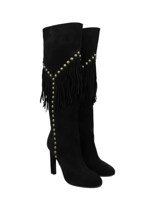 SAINT LAURENT Women's Black Suede Grace 105 Y Studded Fringed Boots