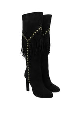 SAINT LAURENT Women's Black Suede Grace 105 Y Studded Fringed Boots