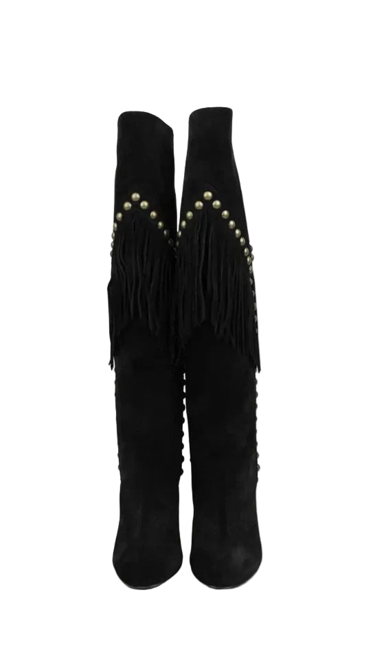 SAINT LAURENT Women's Black Suede Grace 105 Y Studded Fringed Boots