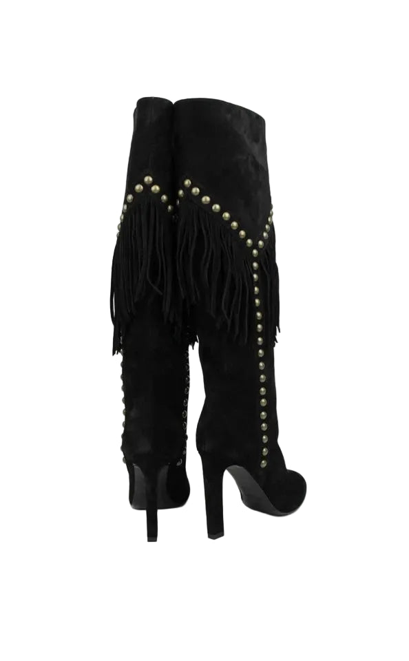 SAINT LAURENT Women's Black Suede Grace 105 Y Studded Fringed Boots