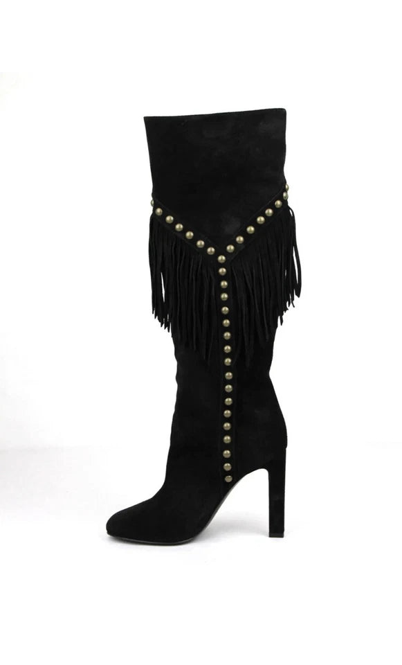 SAINT LAURENT Women's Black Suede Grace 105 Y Studded Fringed Boots