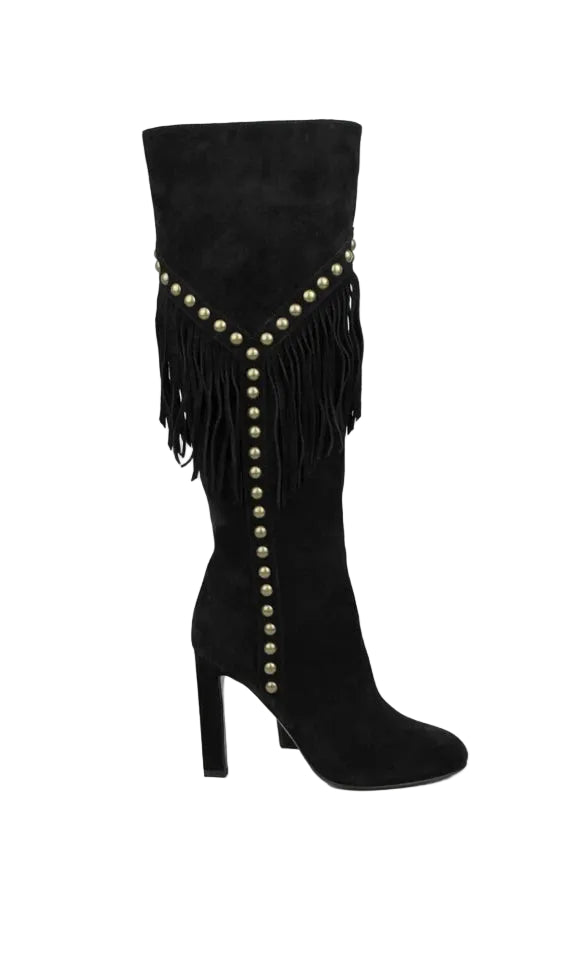 SAINT LAURENT Women's Black Suede Grace 105 Y Studded Fringed Boots